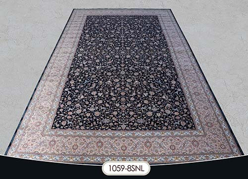 فرش سایز بزرگ کد : 1059SNL ، زمینه سورمه ای ، حاشیه نسکافه ای روشن