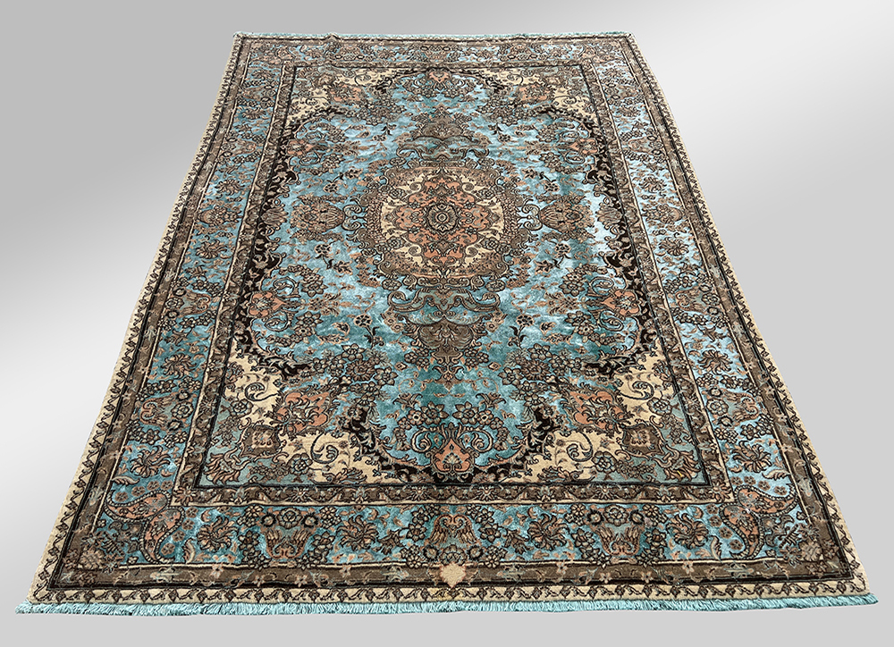 فرش پشمی کد : W0051CC-B ( زمینه کرم ، حاشیه کرم ) ، آبی هارمونیک