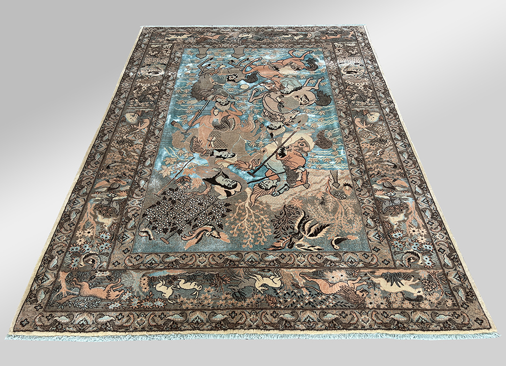 فرش پشمی کد : W0068CN-B ( زمینه کرم ، حاشیه نسکافه ای ) ، آبی هارمونیک