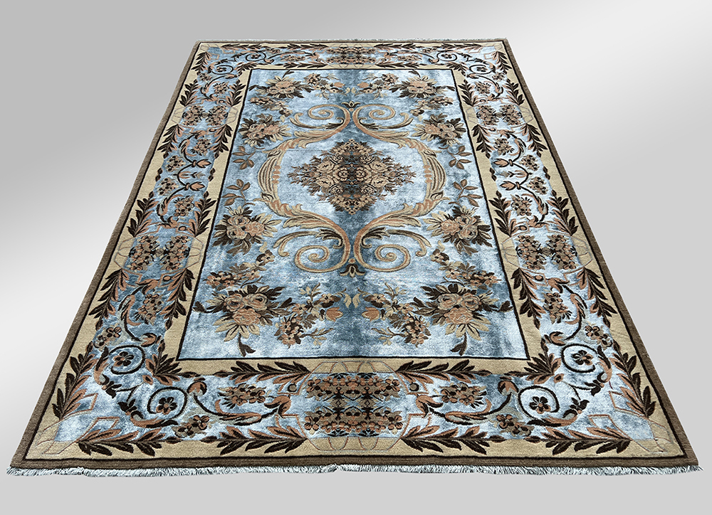 فرش پشمی کد : W0070CC-B ( زمینه کرم ، حاشیه نسکافه ای ) ، آبی هارمونیک
